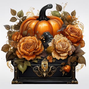 Beaux graphismes d'Halloween vintage avec citrouilles et roses, poitrine, arcs, chauves-souris, gothique, impression automne, téléchargement numérique 10 JPG imprimables.