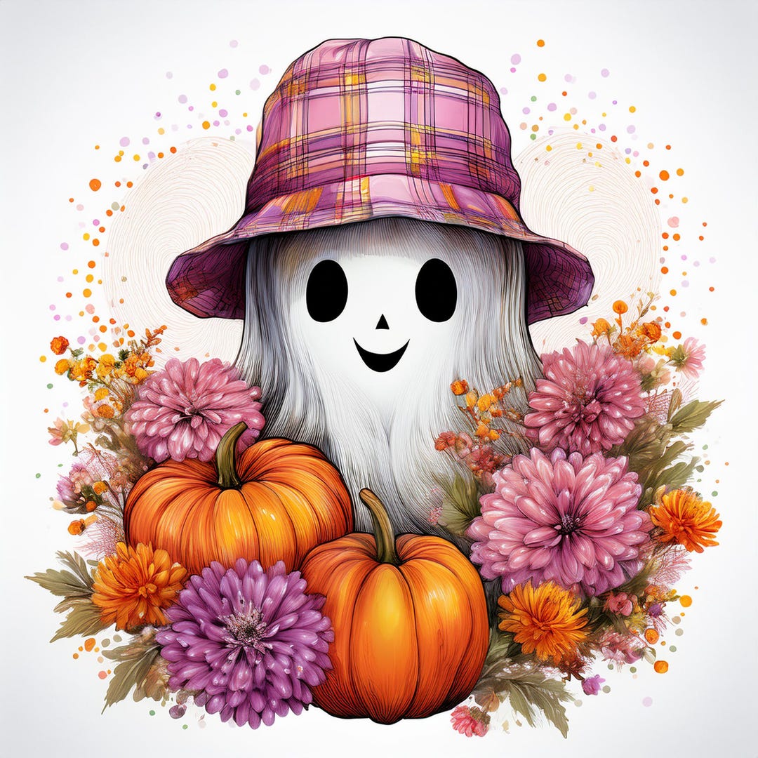 Cute Halloween Ghost With Plaid Bucket Hat, Pumpkins and Flowers ...