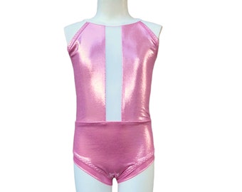 May include: Pink leotard with a white mesh panel down the front. The leotard has a scoop neck and a sleeveless design.