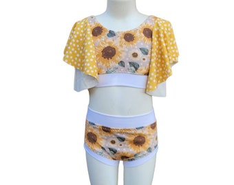 Sunflower Dancewear Set: Polka Dot Sleeve Crop Top, Brief - Size 6
