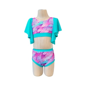 Flowy sleeve crop set, stand out convention dancewear, feathers and aqua sz 8, Dance costume base, recital gift, girls swim suit, dance wear