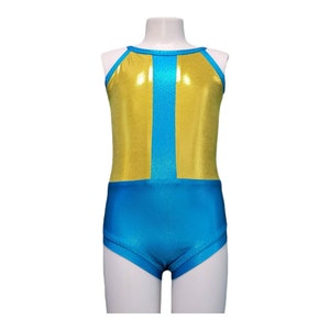 Sparkle turquoise & yellow gold leotard, dance competition costume base, stand out convention wear, recital gift, girls dancewear, size 5t
