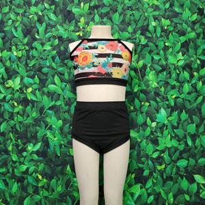 Striped Floral crop and brief dance set, 2pc dance practice outfit, dancer gift, recital gift, stand out convention dancewear, sz 6