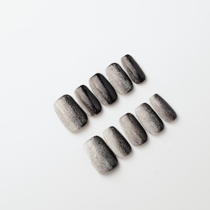 Midnight Mist Press On Nails: Black Cat-Eye Shimmer