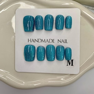 Ocean Blue Sparkle Press On Nails: Squoval Summer Beach Nail Set