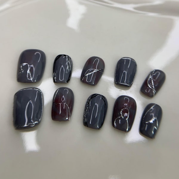 Ongles à presser en marbre noir brillant : ensemble d'ongles ovales carrés réutilisables