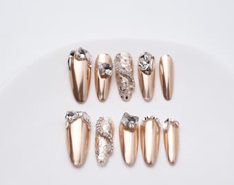Ongles à presser scintillants dorés : ensemble de luxe réutilisable fait main