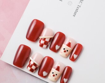 Weihnachtsmann Press On Nails: Weihnachtsfestliches rotes ovales Nagelset