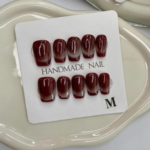 Crimson Elegance Press On Nails | Deep Red Gradient Squoval Nails | Reusable Handmade Nail Set