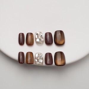 Bronze Luxe Press On Nails Short Squoval Metallic Shimmer Reusable Adhesive Tabs Included Gift Set