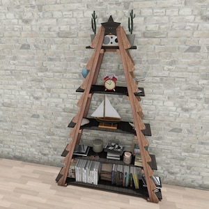 Christmas Tree Bookshelf DIY Plan, 5-Tier Christmas Decor Shelf, Wooden Bookcase with Star and Pine Decorations, Festive Holiday DIY Project