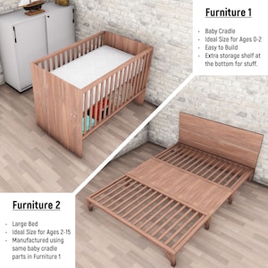 Convertible Baby Cradle PDF, Transforms into Full-Size Bed, Long-Lasting Wooden Design for Growing Kids, Space-Saving Sustainable Crib, DIY