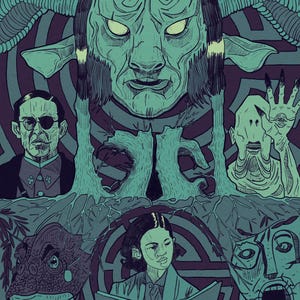 Puede incluir: Ilustración que presenta personajes de una película de fantasía. La obra de arte muestra una figura central con cuernos y ojos brillantes, rodeada de otras criaturas fantásticas y una niña leyendo un libro. La paleta de colores está dominada por tonos turquesa, morado y marrón.