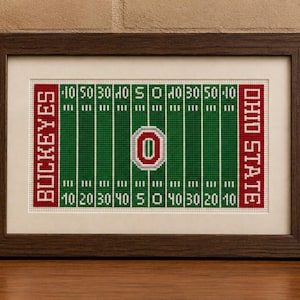 May include: A framed cross-stitch artwork depicting a green American football field with white yard lines and numbers. The text BUCKEYES is on the left red end zone and OHIO STATE is on the right red end zone, with a large letter O in the center.
