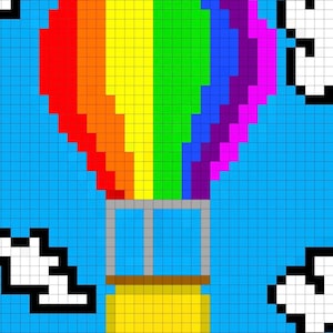 May include: A pixelated image of a hot air balloon in a blue sky with white clouds. The balloon is a rainbow of colors, including red, orange, yellow, green, blue, purple, and pink. The basket is yellow.