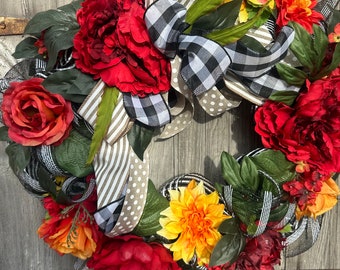 MC look inspired floral and buffalo check wreath- crimson and marigold