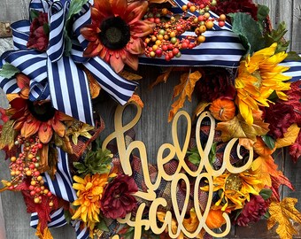 Hello Fall sunflower and pumpkin Fall Wreath