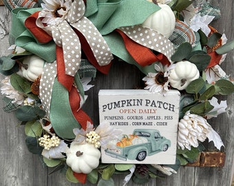 Minty pumpkin patch w/truck Fall wreath