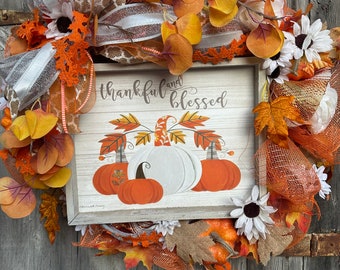 Thankful and Blessed orange and grey pumpkin wreath- Fall wreath