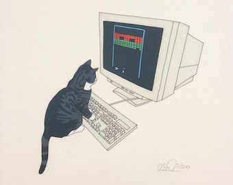 Cat and old computer print