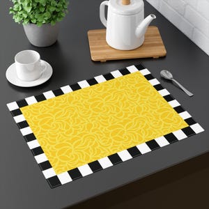 Yellow Memphis Placemat: Black & White Striped Cotton Table Mat
