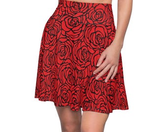 Red Rose Skater Skirt: Gothic Cottagecore Floral Mini Skirt