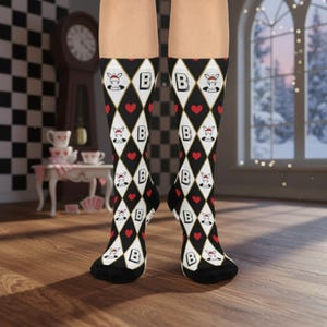Personalized Alice in Wonderland Argyle Crew Socks, Initial Santa Bunny Socks, Custom Stocking Stuffer