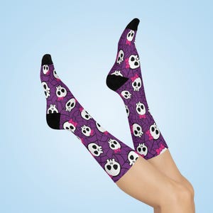 Purple Skull Crew Socks: Gothic Kawaii Halloween Spiderweb Socks