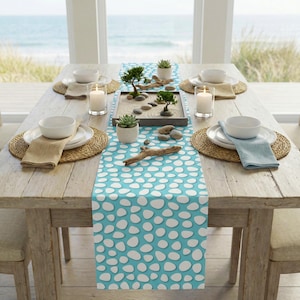 Aqua Blue Pebbles Table Runner, Coastal Beach House Decor