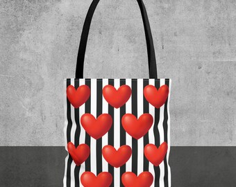 Red 3D Heart Tote Bag: Black & White Striped Polyester Canvas
