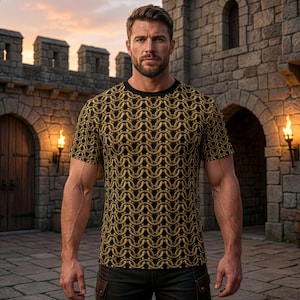 Medieval Chainmail T-Shirt, Antique Gold Gothic Armor Pattern