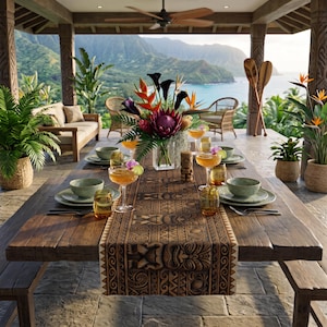 May include: A long wooden dining table set for a meal, featuring a brown table runner with intricate tribal patterns, a large floral centerpiece, green ceramic bowls, amber-colored glassware, and a small carved wooden tiki statue.
