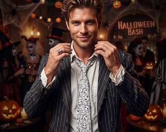 Halloween Jack and Bat Print Necktie, Gothic Party Accessory
