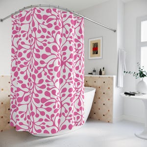 Abstract Floral Pattern Pink Shower Curtain, Modern Flower Bathroom Decor, Aesthetic Pink Bath Curtain, Boho Floral Shower Curtain