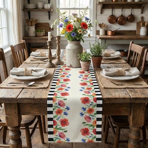May include: A rustic wooden dining table set for a meal, featuring a floral table runner with red poppies and blue cornflowers. The runner has black and white striped borders. The table is set with plates, napkins, and silverware.