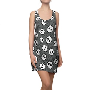 Skull & Spider Web Racerback Dress: Gothic Halloween Festival Outfit
