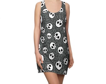 Skull & Spider Web Racerback Dress: Gothic Halloween Festival Outfit