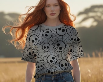 Camiseta gótica de telaraña con calavera: Camiseta gráfica de Halloween espeluznante