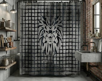 Geometric Lion Shower Curtain: Tribal Jungle Bath Decor