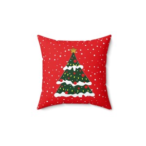Christmas Tree Snowy Red Pillow, Festive Winter Cushion for Christmas Decor, Holiday Decoration Cushion, Seasonal Home Decor