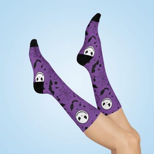 Halloween Crew Socks: Purple Bat & Jack Print, Gothic Style