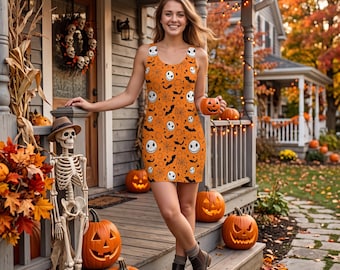 Halloween-Kleid in Orange, Jack-Foam-Muster, ärmelloses Outfit mit Kürbis-Spinnennetz-Fledermaus-Motiv