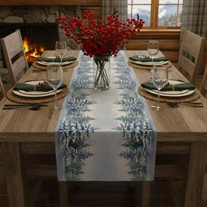 Woodland Winter Forest Table Runner, Snowy Pine Tree Design, Christmas Table Decor