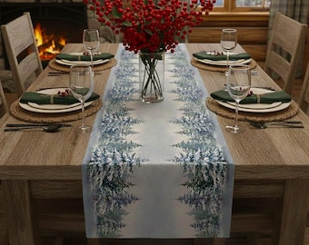 Woodland Winter Forest Table Runner, Snowy Pine Tree Design, Christmas Table Decor