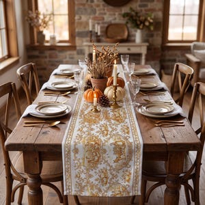 Chemin de table citrouille en toile de Jouy, décoration de table automnale vintage, table de repas de Thanksgiving.