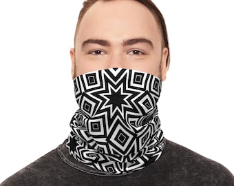 May include: A black and white face mask with a geometric pattern of squares and stars. The mask is made of a soft, breathable fabric and is designed to be comfortable to wear.