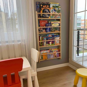 Wall Mounted Montessori Bookshelf for Kids, Natural Pine Toddler Book Rack, Eco-Friendly Wooden Nursery Shelf Organizer