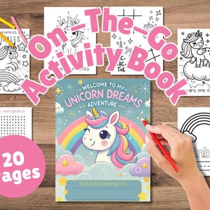 Libro de actividades y páginas para colorear Unicorn Magic, trazado, tres en raya, rompecabezas y unir los puntos