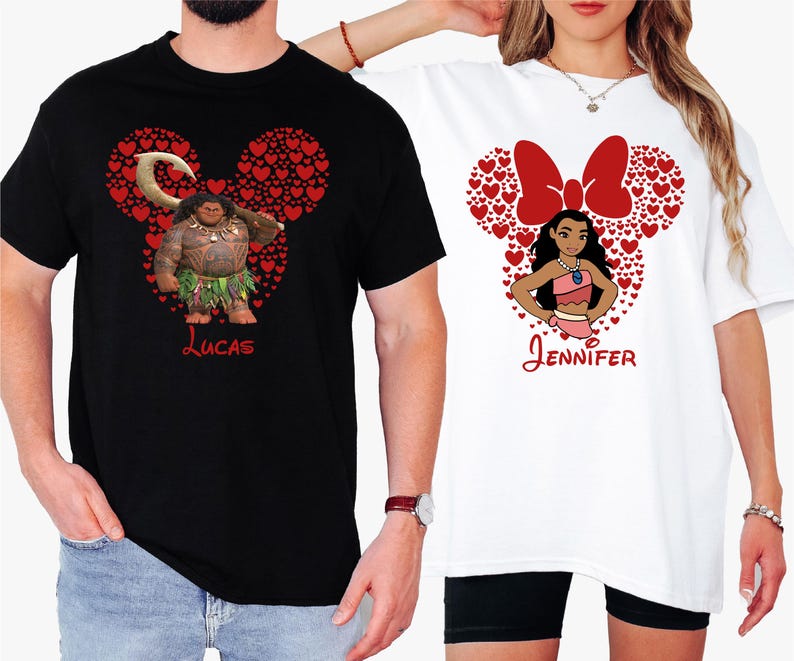 a man and a woman wearing disney shirts