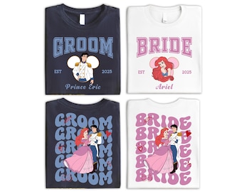 Disney Bride Ariel and Groom Matching Shirt, Little Mermaid Wedding Shirt, Custom Disney Bachelorette Party Tee, Disneyland Honeymoon Shirt